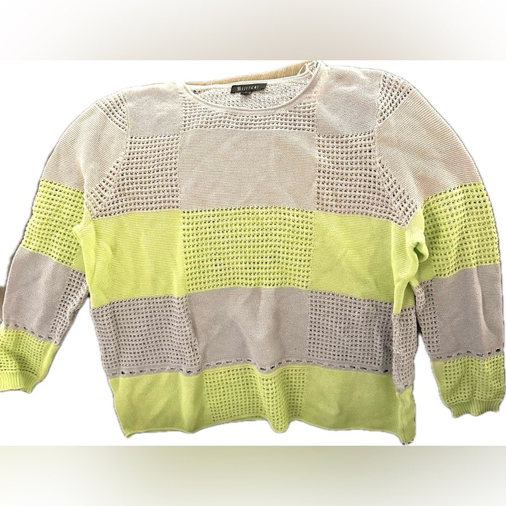 NWOT 2 II Sisters Colorblock Sweater Boxy Top Open Knit Green Gray Taupe S New